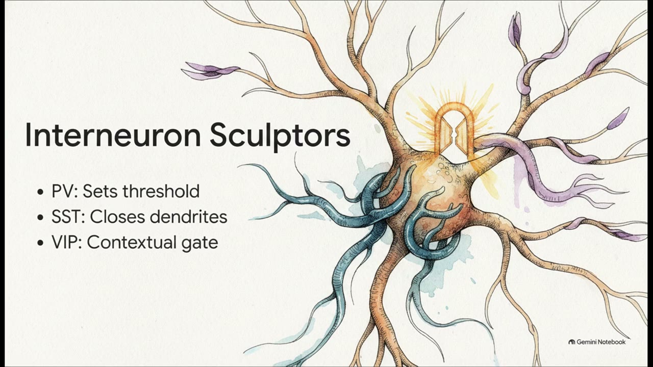 Coloured illustration of PV, SST and VIP interneurons sculpting an attractor landscape