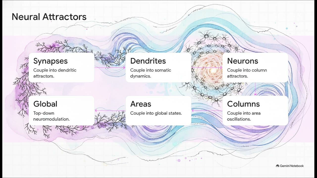 Coloured illustration of neural attractors nested across biological scales