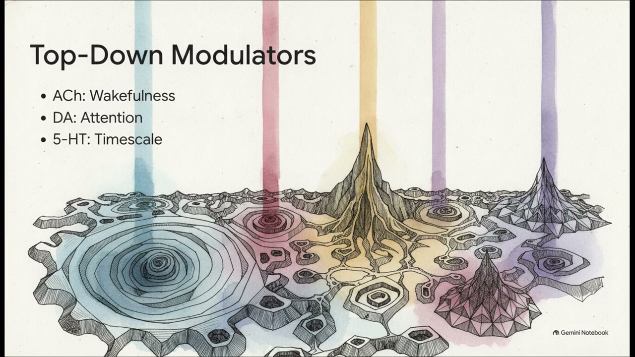 Coloured illustration of top-down modulation shaping lower-level neural activity