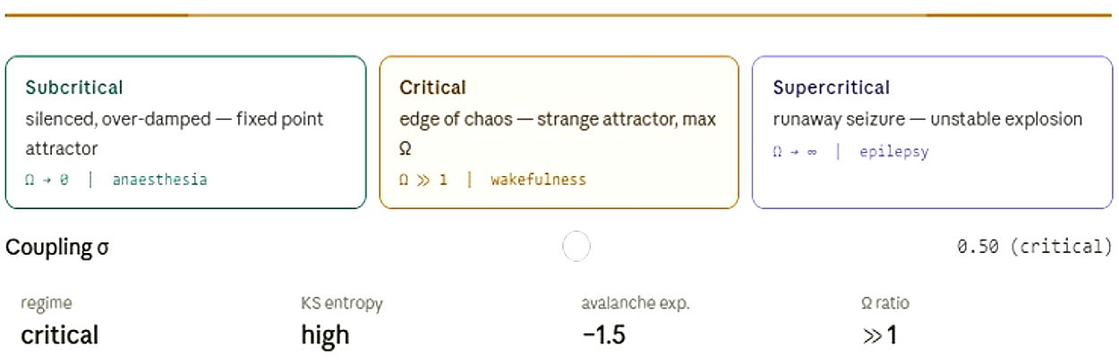 Subcritical, critical, and supercritical brain regimes showing criticality at the edge.