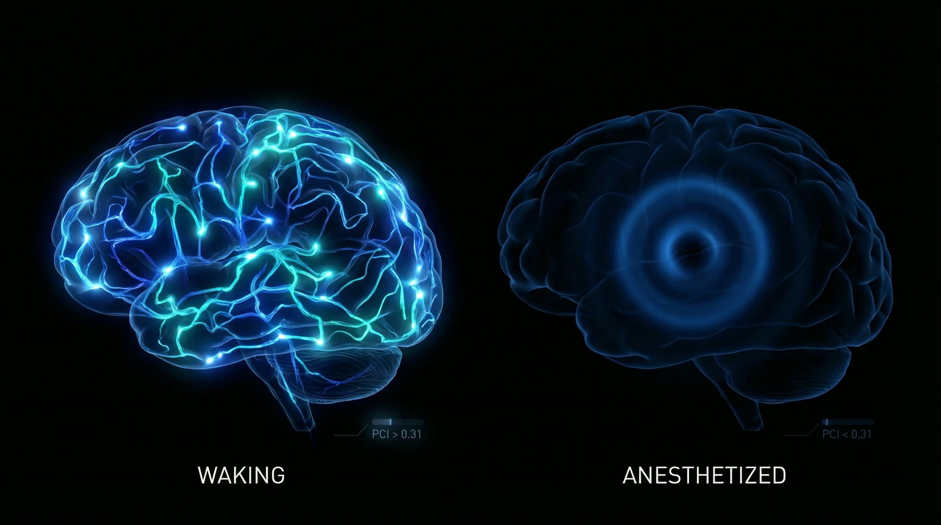 Perturbational Complexity — waking brain responds with rich differentiation, anesthetised brain with stereotyped simplicity