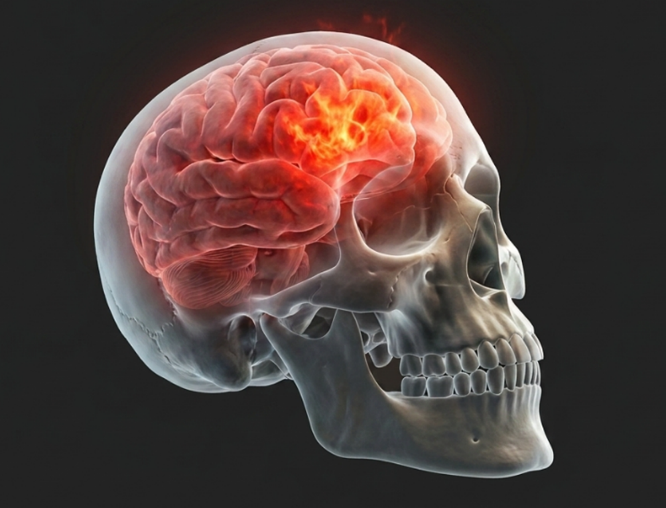 Skull with illuminated brain and flame