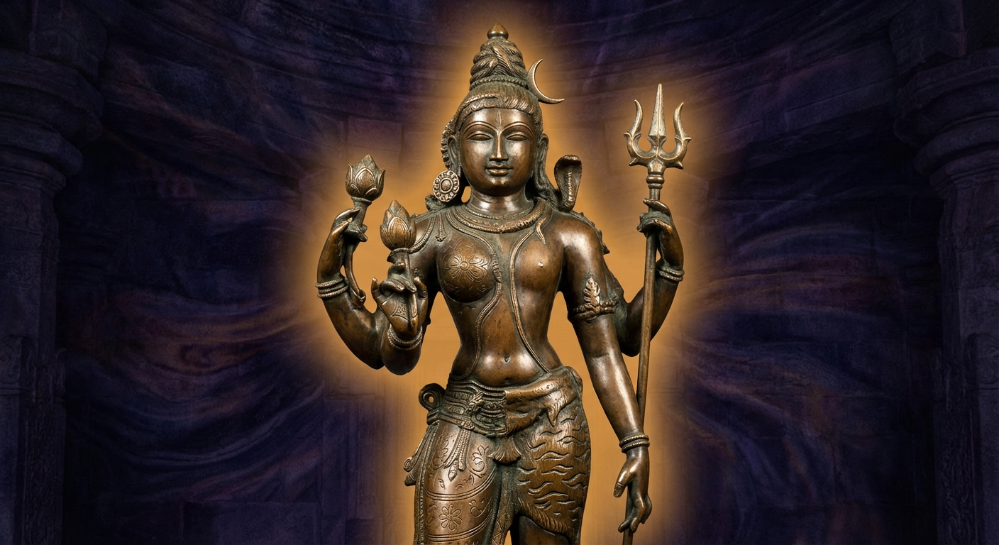 Ardhanarishvara — ancient engraved depiction of the union of Shiva and Shakti