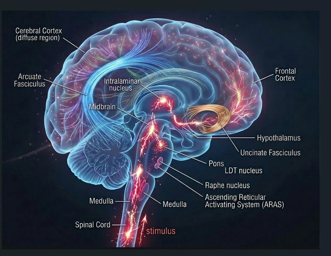 Ascending Reticular Activating System pathways from brainstem through thalamus to cortex