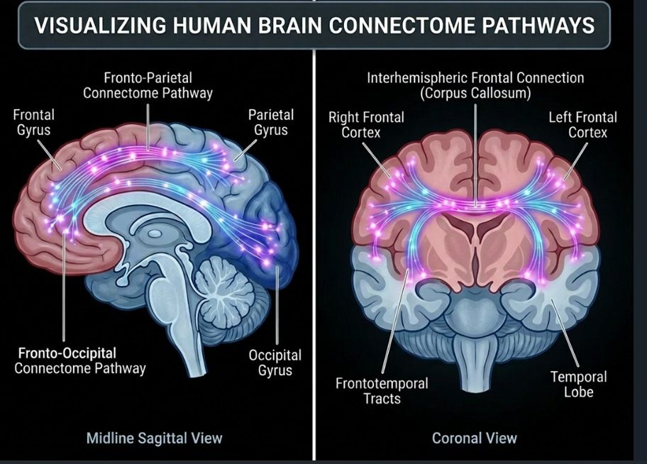 Blue connectome pathway diagram showing midline sagittal and coronal brain views