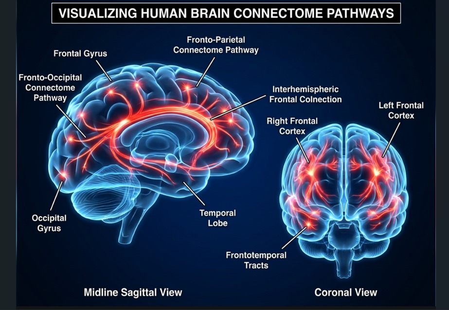 Red connectome pathway diagram showing midline sagittal and coronal brain views