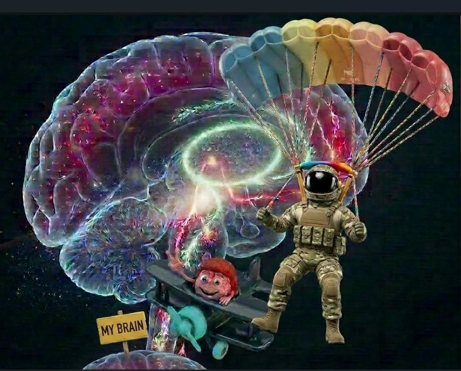 Surreal brain landing image with parachute, small plane, and cosmic background