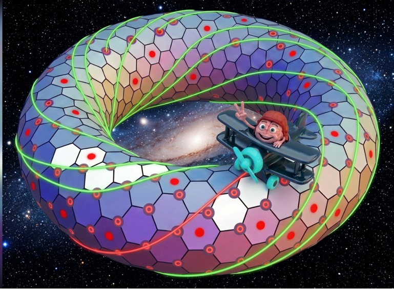 Pilot flying over a luminous torus in space