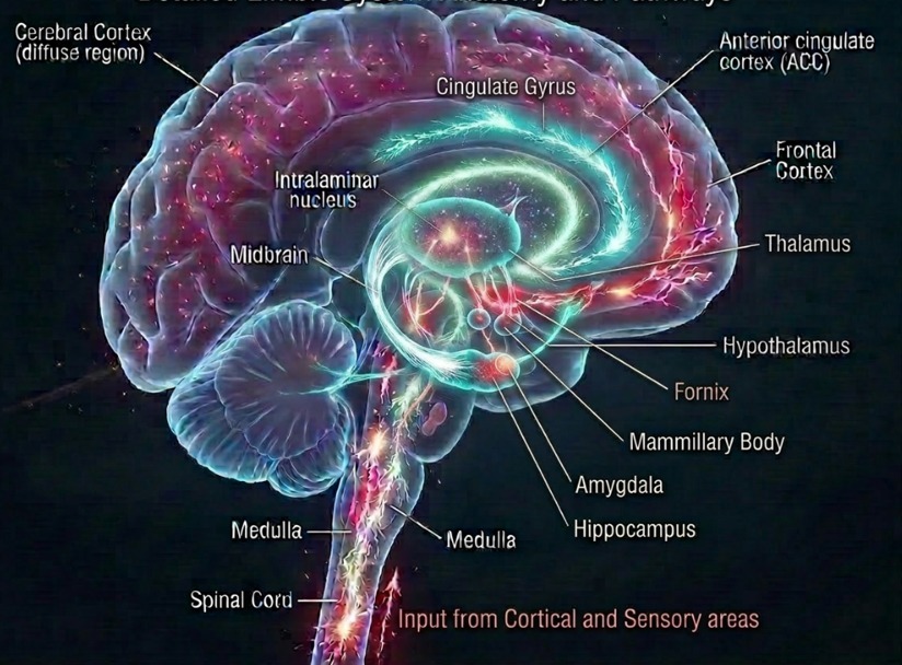 Limbic system anatomy and pathways with thalamus, amygdala, hippocampus, hypothalamus and cerebral cortex