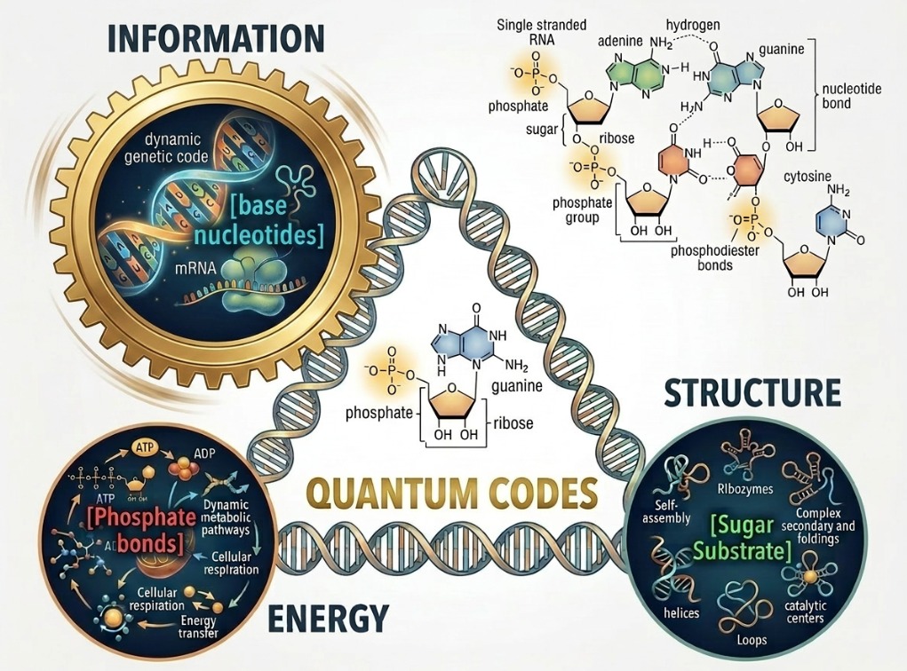 Quantum codes of life: information, energy and structure