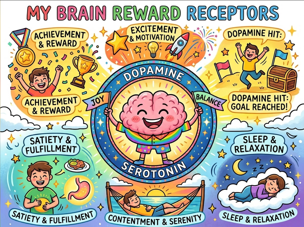 Brain reward receptors visual with dopamine and serotonin panels