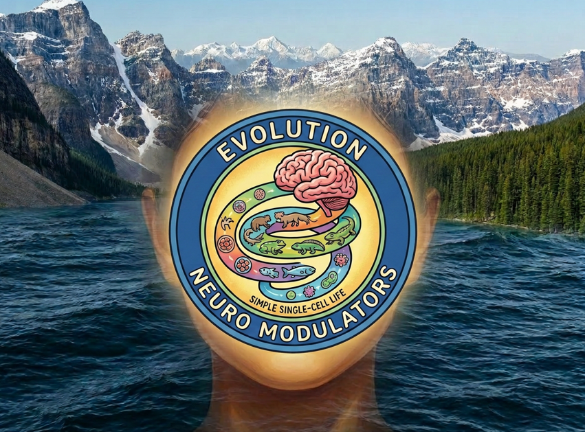 Round blue evolution image on a mountain, tree, and sea backdrop with a small inset in the sea field