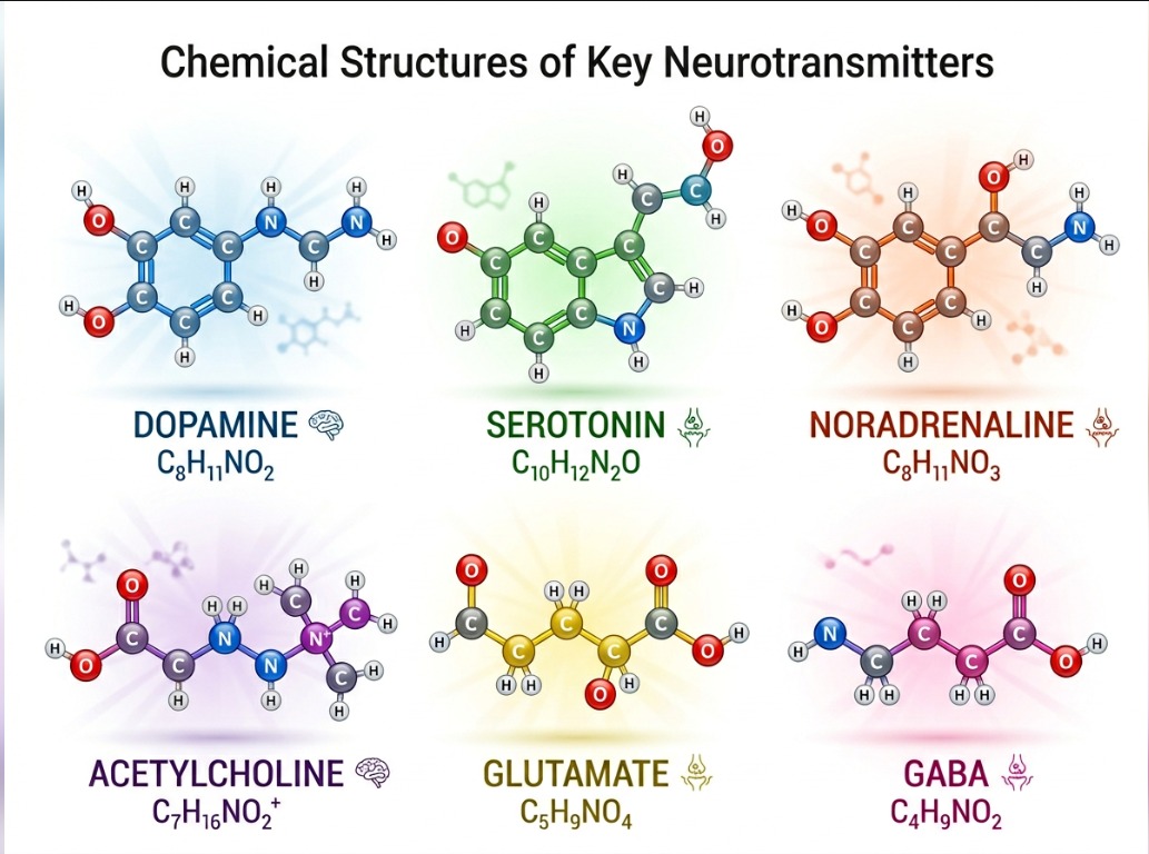 Chemical structures of key neurotransmitters including dopamine, serotonin, noradrenaline, acetylcholine, glutamate, and GABA