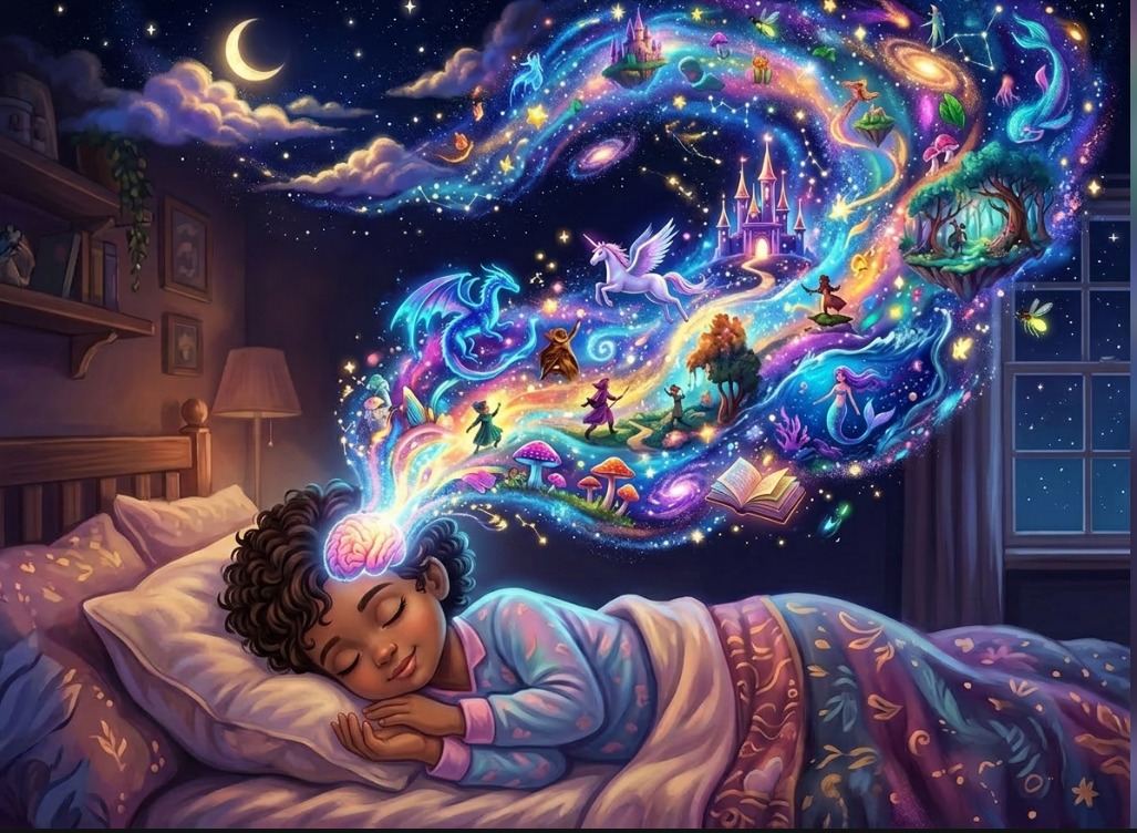 Dreamlike REM sleep visual anchor showing a sleeping figure and vivid inner imagery