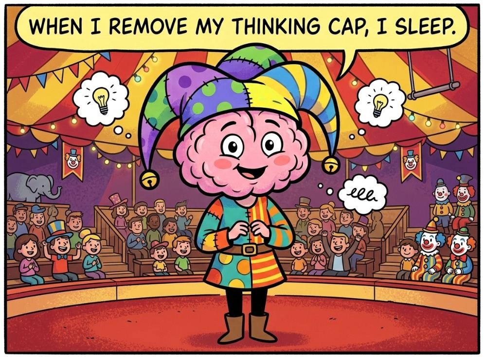 Playful brain character in a circus with the phrase when I remove my thinking cap I sleep