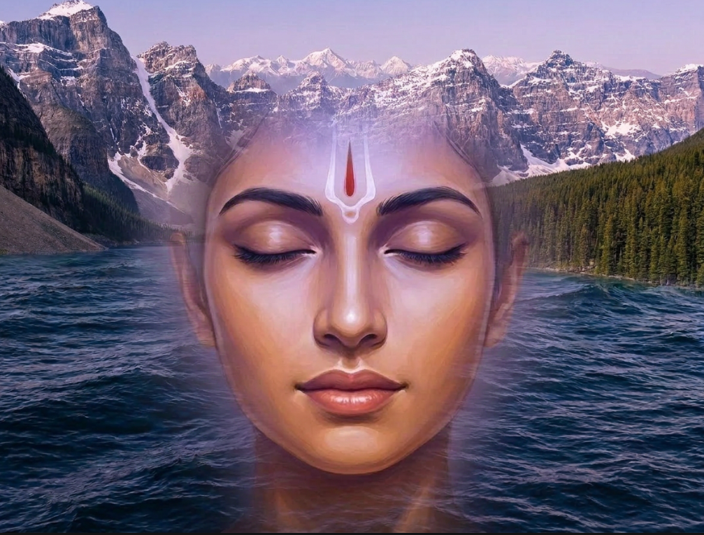 Meditative inner stillness over mountains, water, and a quiet figure