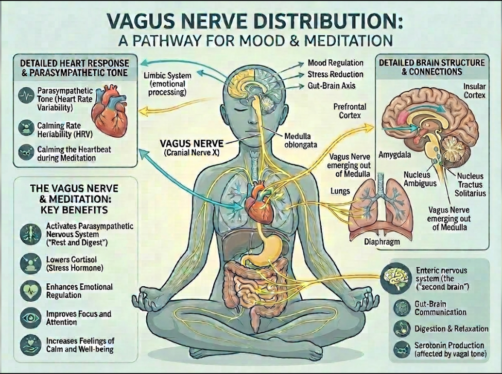 Diagram of vagus nerve pathways linking meditation, mood, heart, gut, and brain